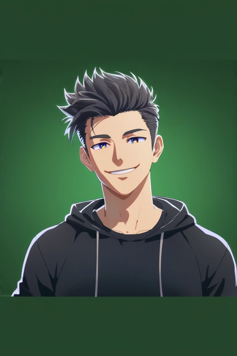 Anime 2D portrait of a handsome young man with a faux hawk hairstyle. He is wearing a plain black t-shirt or black hoodie, exuding a cool, confident, and cheerful vibe. The character should have a relaxed and approachable expression, with sharp features an...