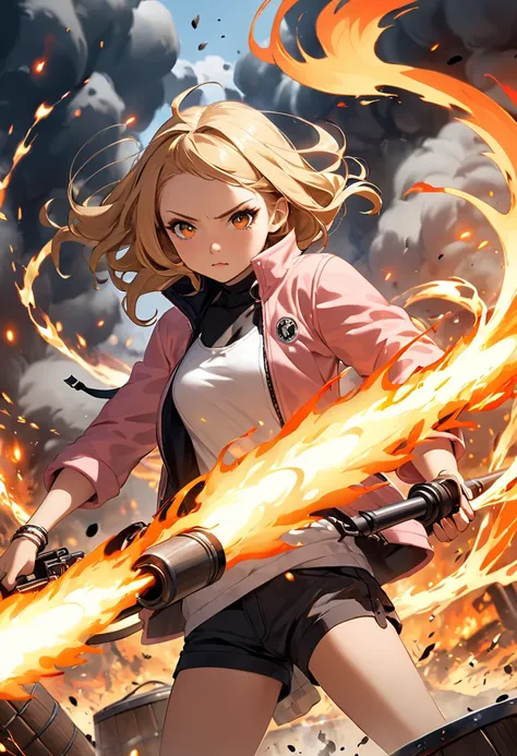 A dynamic scene of Maria, a petite and cute woman with blonde hair, wearing a pink jacket and short shorts, wielding a massive flamethrower. She is in mid-action, her hair and jacket flowing dramatically as she unleashes a torrent of flames. The flamethrow...