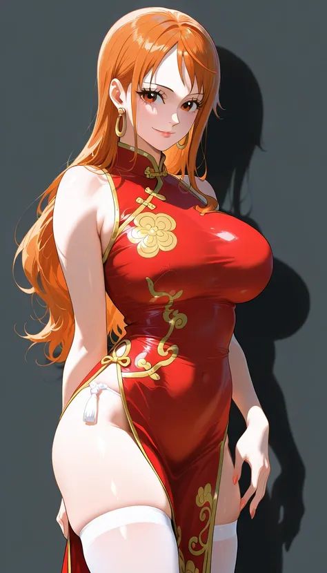 masterpiece, best quality, amazing quality, 1girl, Nami, one piece, orange eyes, orange hair, long hair, red Chinese cheongsam, beautiful legs, white legs, very happy smile, cowboy shot, simple background, medium size boobs , golden ratio face, Sleeveless ...