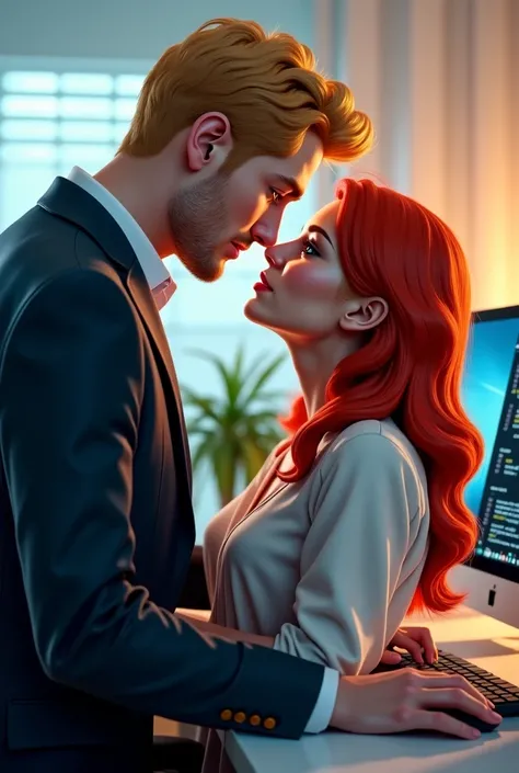 Tall blond businessman in love with a redheaded computer 