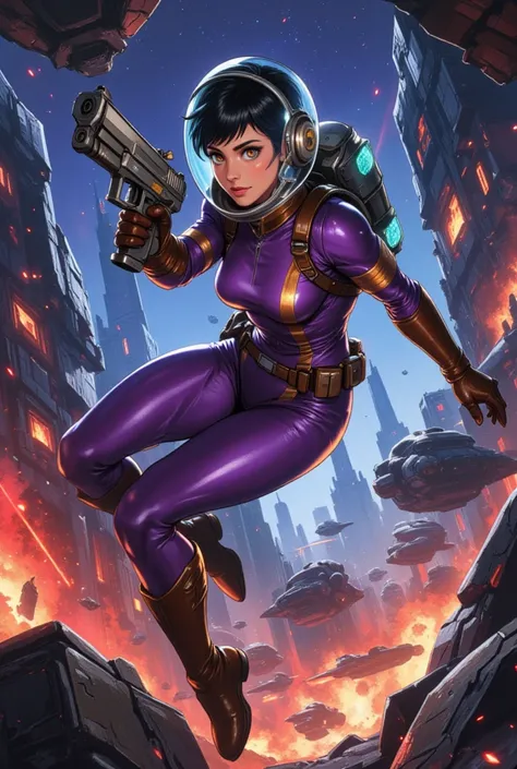 in a retro scifi style illustrate a female space adventurer, with detailed expressive eyes and mouth, her lip curled in intense concentration. She is wearing a shiny futuristic bodysuit that is a deep vibrant purple with a wide gold stripe down the front, ...