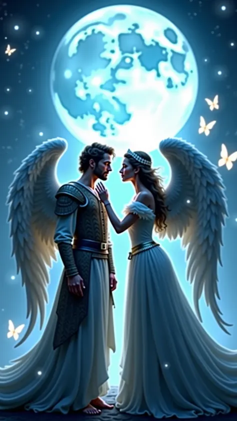 stunning fantasy art scene set under a pale blue-white glowing moon in a mystical night sky. A male and female angel with large, magnificent, feathered wings stand together, embodying the concept of “Twin Flames” and soulmates. The female angel, dressed in...