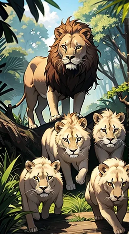 Lion in the jungle with his cubs.