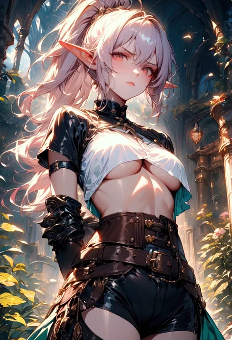 ((best quality)), ((masterpiece)), (detailed), (1girl), solo, Elf, Pointy ears, silver-powder pink hair with delicate strands falling gently onto her face, (high ponytail), mother with amber eyes, tsurime, slant eyes, displeased, scowl, looking at the view...