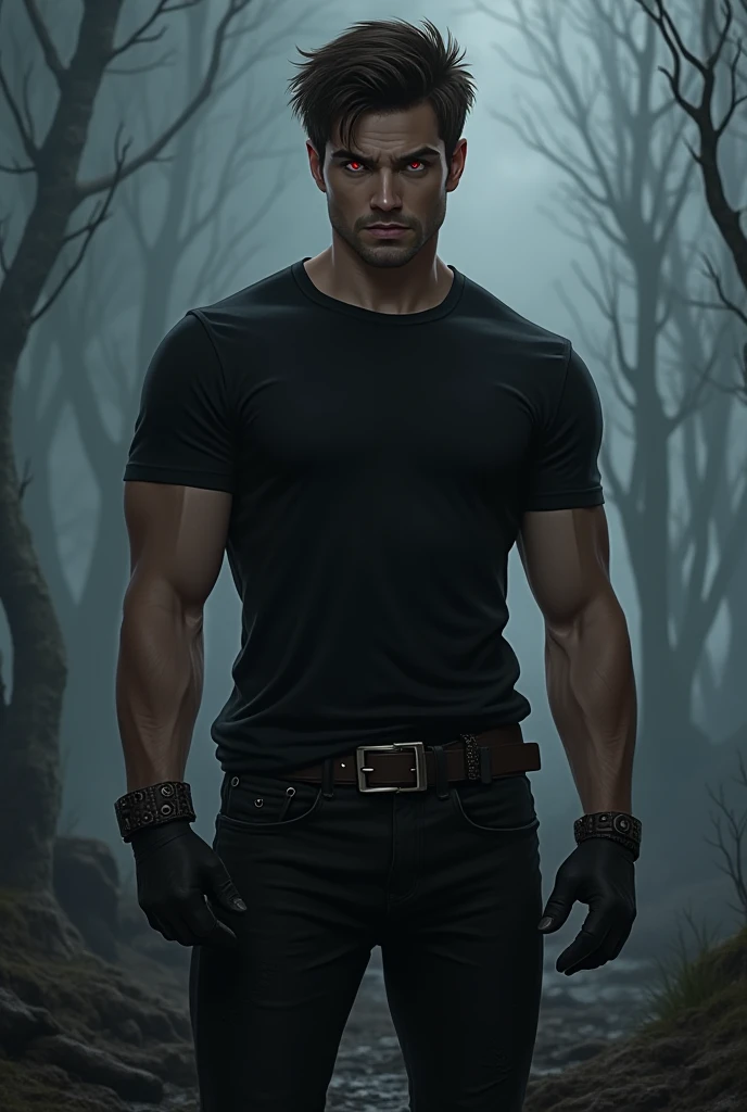  illustration,  good quality ,  full body,
Derek Hale (Teen Wolf),  young,  muscular, With red eyes, dress with short sleeve black t-shirt and black pants. He wears a belt and leather accessories.

The background is a dark, desolate landscape with thick fo...