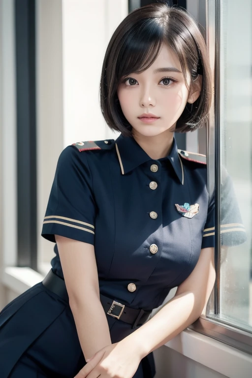 ( Highest Resolution , clear_ images) best quality , single person , one woman, Alone, Masterpiece, very detailed, semi-realistic , Short Black Hair , black hair, bangs, 18 years old, mature, light blue uniform, uniform, Indoor Background, kind, Dignified,...