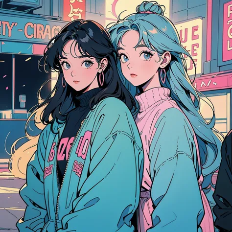  the city lights radiate a warm glow around her ,  city life and serenity ,  depicted as a young woman with long hair .   she's comfortable  ,  charming scene of a woman walking through a vibrant night street ,  listening to lofi synth pop from her headpho...