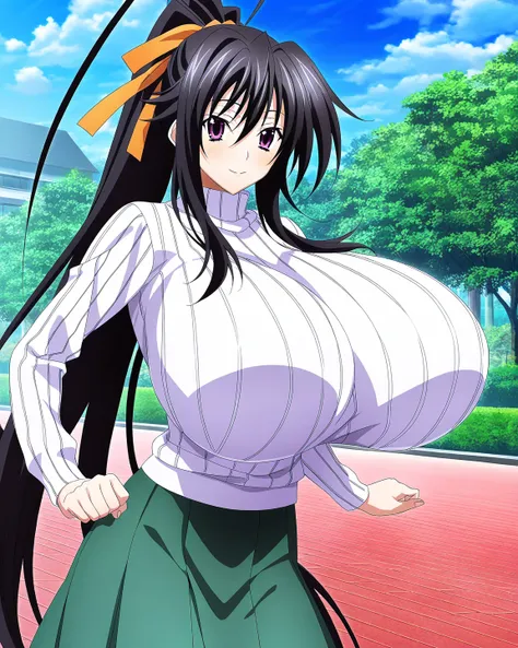 score_9, score_8_up, score_7_up, source_anime, anime coloring, anime screencap, 1girl, solo, Akeno Himejima (High School DxD), black hair, long hair, hair ribbon, ponytail, purple eyes, sweet smile, white beautiful skin, gigantic breasts, bouncing breasts,...