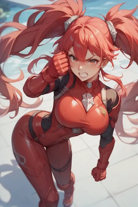  red hair、 push your fist high 、 twin tails、 red bodysuit 、Red gloves 、female、 anime style、 illustration 、Impressive high quality