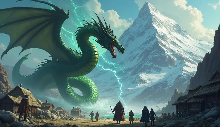 a giant long green snake and a long black dragon were fighting and were seen by the residents at the foot of the mountain