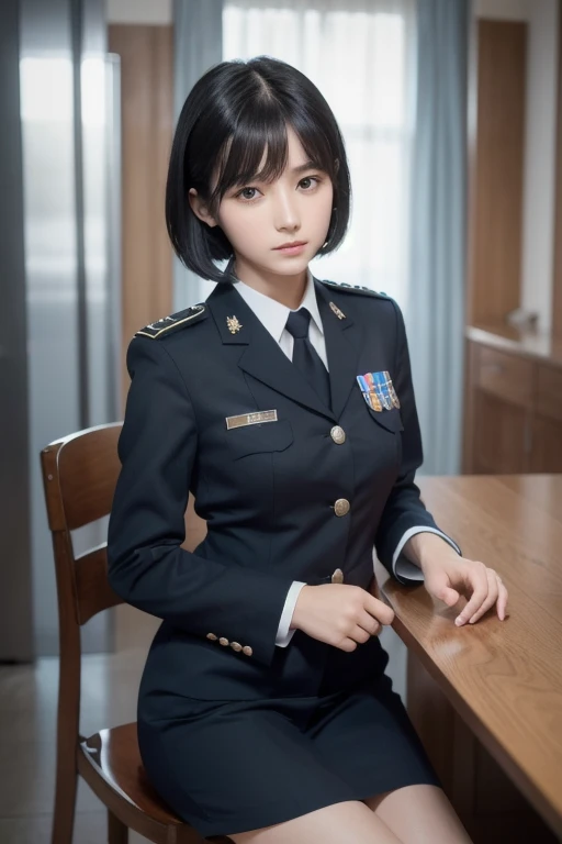 ( Highest Resolution , clear_ images) best quality , single person , one woman, Alone, Masterpiece, very detailed, semi-realistic , Short Black Hair , black hair, bangs, 18 years old, mature, light blue uniform, uniform, Indoor Background, kind, Dignified,...