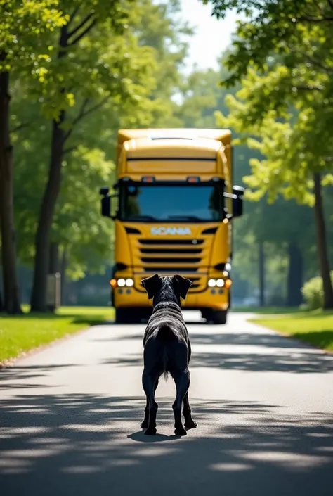 A tranquil suburban road surrounded by lush green trees and foliage, with a large, stationary yellow Scania truck prominently featured in the background. The truck's front grille, headlights, and the 'SCANIA' logo are clearly visible, capturing its robust ...