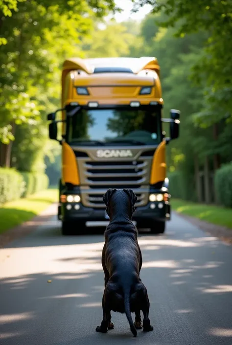 A tranquil suburban road surrounded by lush green trees and foliage, with a large, stationary yellow Scania truck prominently featured in the background. The truck's front grille, headlights, and the 'SCANIA' logo are clearly visible, capturing its robust ...