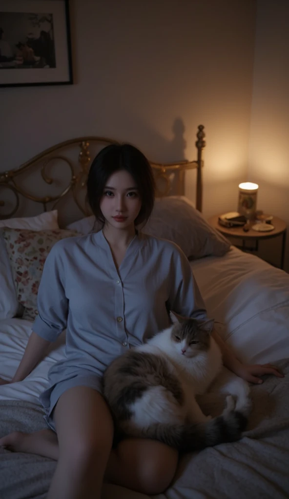 woman、 real 、live-action、clear、Pets、cat、night、 bed、Loungewear