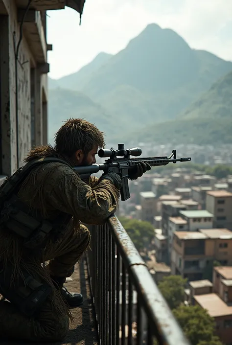 The military sniper on apartment in favela, background favela and mountain