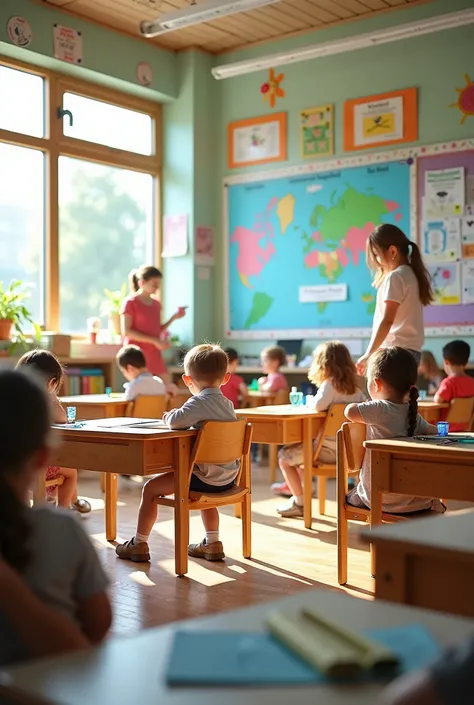 a classroom for young ren with Didactic and recycled Material for the recreation of educational strategies