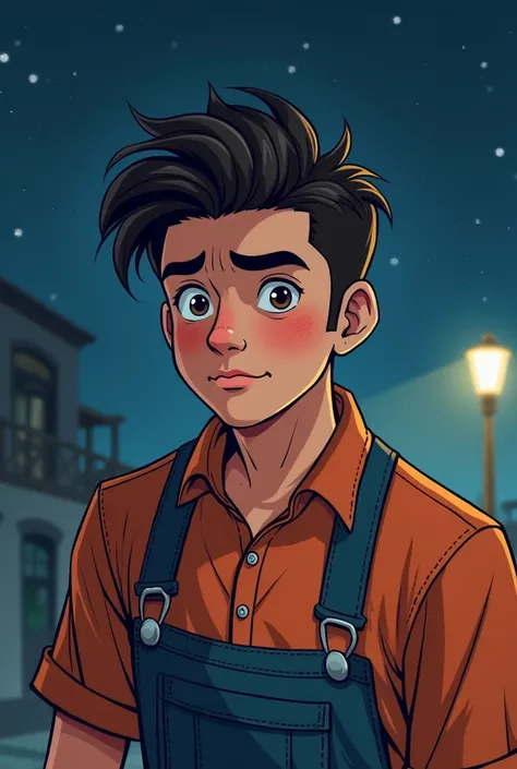 A 20-years-old man, Luca, with neatly styled dark brown hair and a determined expression, works tirelessly at a night job. He is wearing work clothes, his face showing exhaustion but resolve. Vibrant ren's book illustration style.