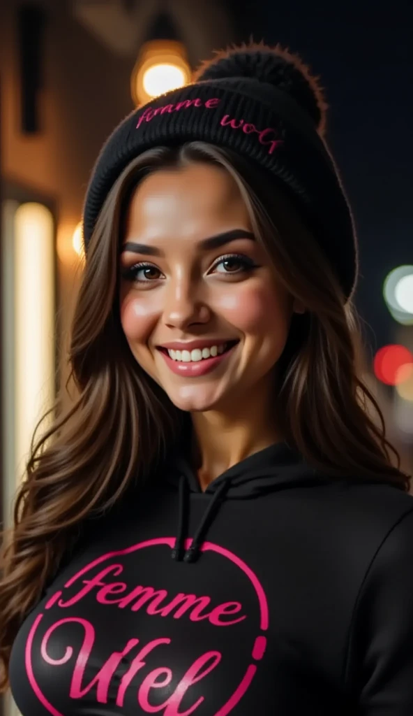 ( masterpiece,  highest quality , 12k, 8K,  Photorealistic,  in front) beautiful SofiLobos looking to the side smiling,  wear a black knitted hat with text  "[FemmeWolf ]" in pink handwritten letters ,  modelling a black hooded sweatshirts, text in pink  "...