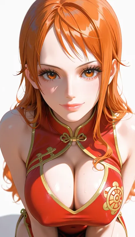 masterpiece, best quality, amazing quality, 1girl, Nami, one piece, orange eyes, orange hair, long hair, red Chinese cheongsam, beautiful legs, white legs, very happy smile, close up shot, simple background, medium size boobs , golden ratio face, Sleeveles...