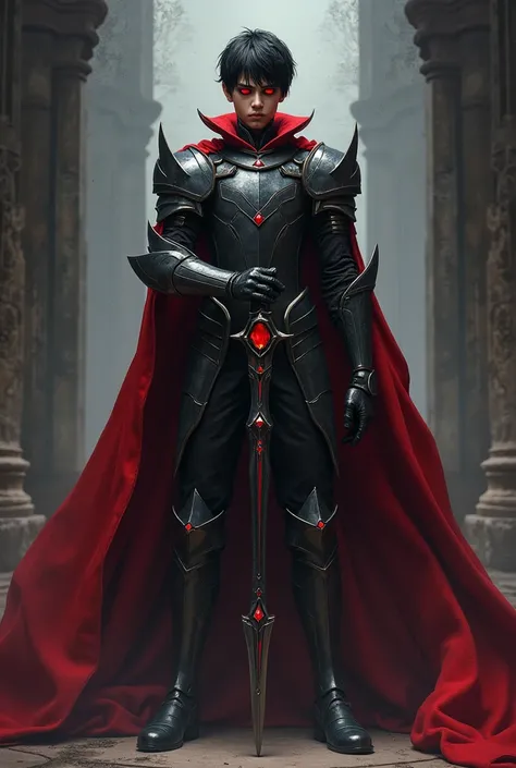 A tall boy with tan skin ,  ruby red eyes short black hair ,  villainous type with a scepter and dark gray armor a red cape 
