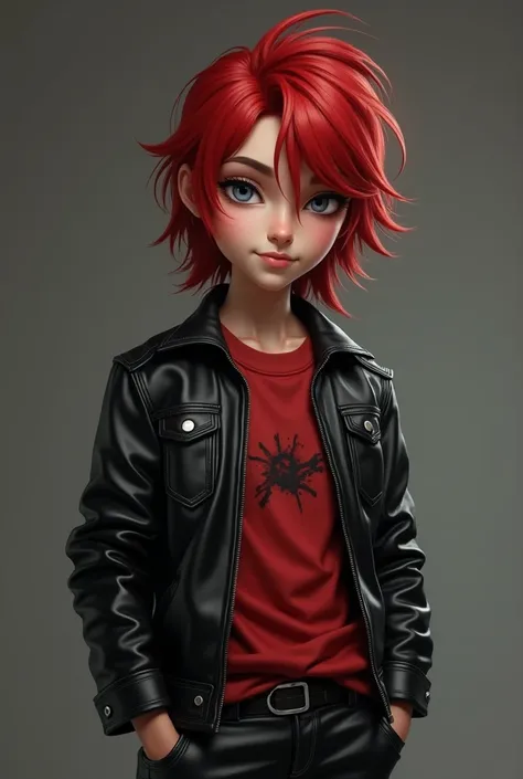 A rocker-looking boy ,  with his hair dyed red up to his shoulders straight half tied up, with grey eyes, thin face,  black eyebrows, medium lips , tez blanca, delgado,  black jacket and red shirt with leather pants 