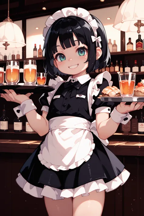  1 girl( very young)、 black hair、 waitress(Maid)、bar、dim、 standing、serving tray、smile