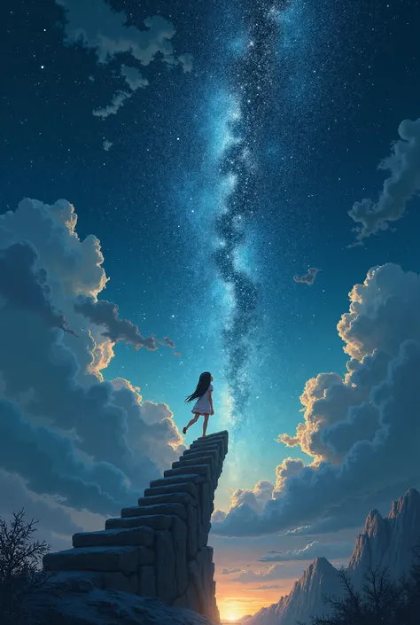 A drawing for background of poem that a girl is reaching his dreams in the stars and stepping forward in a stair like amidst the challenges