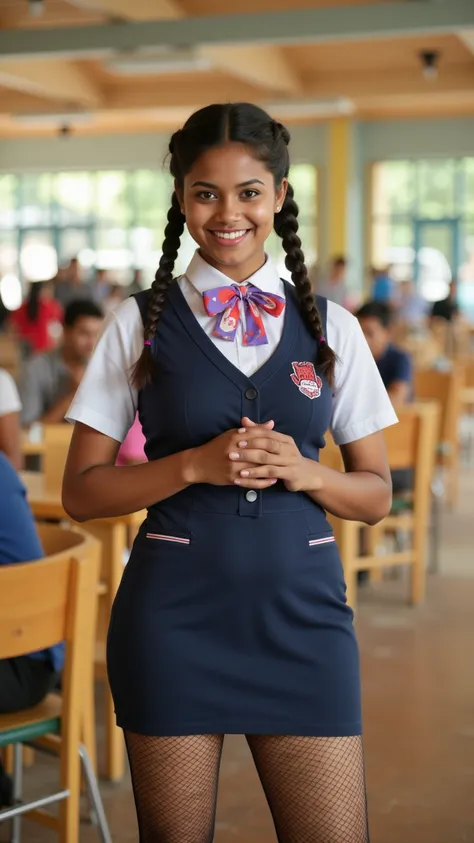 A indian female. teasing viewer with a shy smile. She is wearing a school uniform, minidress, stretched tight. braided hair. She is a student. Cozy bright cafeteria. Fishnet stockings. school uniform stretched tight by her hourglass figure, snatched waist.