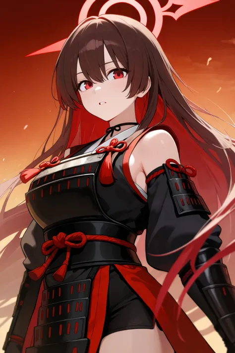 1 girl, Hair length reaches the back, Brown hair and red hair on the edges of the hair, red eyes, but not bright, wear a sexy samurai outfit, หน้าอกไซส์ปานกลาง, have a red halo