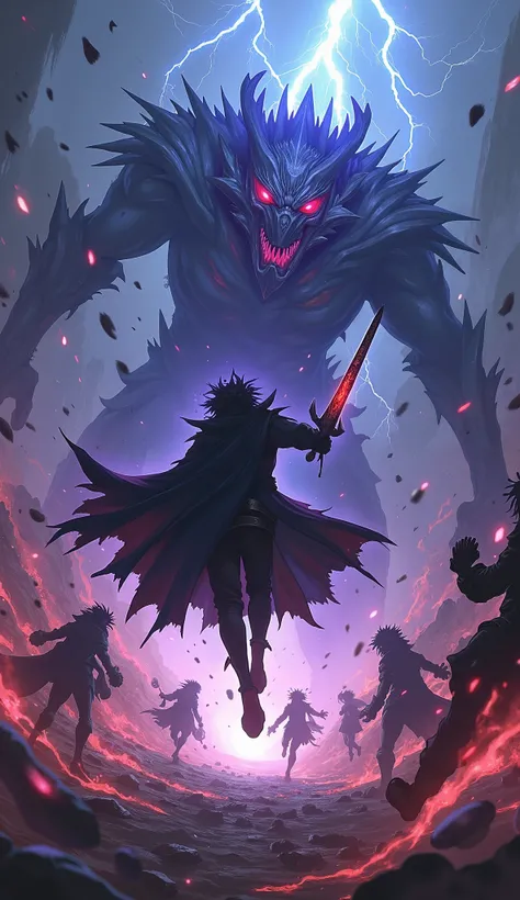 Prompt:
"A breathtaking anime-style battle scene featuring Sung Jin-Woo from Solo Leveling in an intense fight. He is mid-air, surrounded by a dark aura, with his signature black coat flowing dramatically. His glowing purple eyes radiate power, and he wiel...