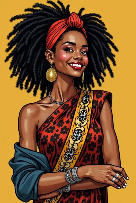 Create an illustration of an black woman with a red headscarf over black dreadlocks styled elegantly, with the "We can do it" posture wearing a black dresses and few artistic patterns. Accessorized with gold statement earrings and silver bracelets, exuding...