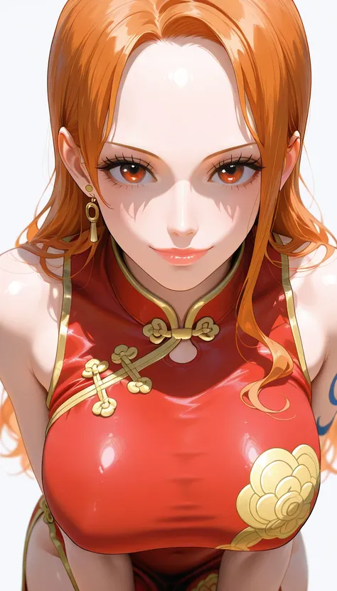 masterpiece, best quality, amazing quality, 1girl, Nami, one piece, orange eyes, orange hair, long hair, red Chinese cheongsam, beautiful legs, white legs, very happy smile, close up shot, simple background, medium size boobs , golden ratio face, Sleeveles...