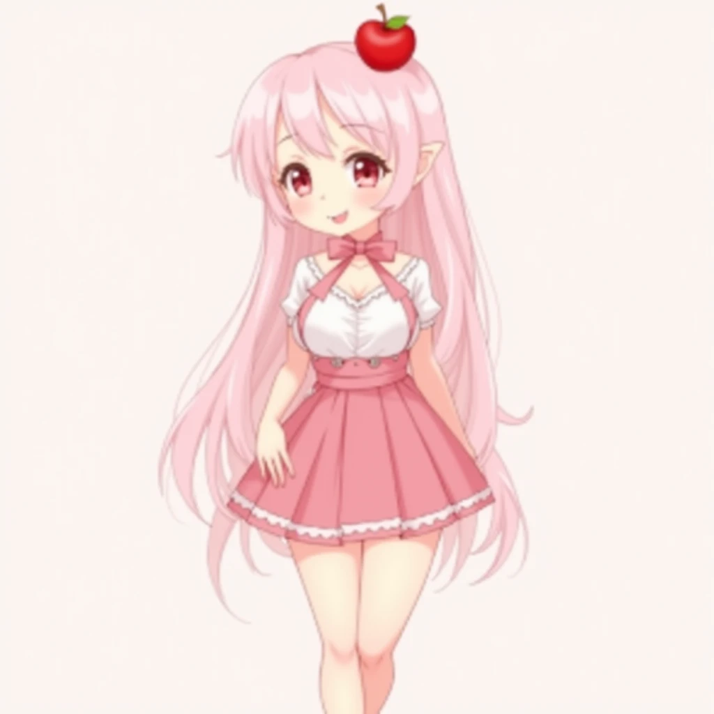 Young Anime Girl Cute Light Pink Long Haired Hair Light Pink Eyes Lolly Big Boobs P Cup Glamour Breasts Seira Suit and Skirt Full Body Apple Hair 2D