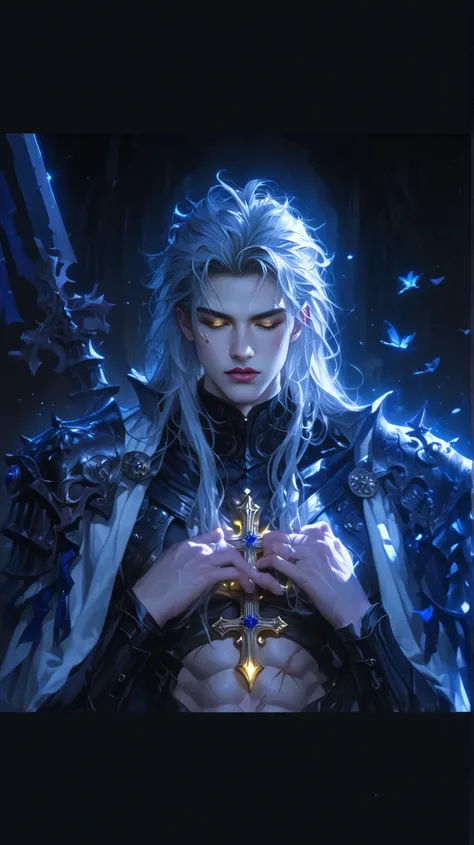 ((Highrez)), ((Highdetail)), a muscular but slender frame, a beautifully detailed male with pale skin, (((long hair))), messy black hair, yellow glowing eyes with black bags, as well as black lipstick. Normally, he is dressed like a priest, wearing long bl...