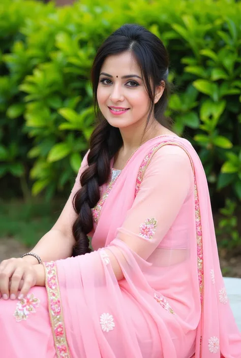 photograph of beautiful woman, long mid parted dark hair pulled back in classic braid, looking at the camera with a smile, wearing elegant pink saree with intricate floral embroidery, sitting outdoors, lush green bushes in background, natural light, serene...