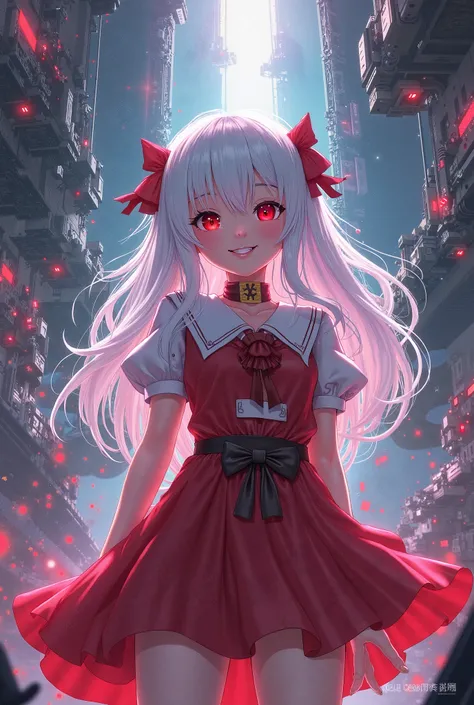 Smiling girl looking straight ahead with her men looking straight ahead red eyes white hair plump strong colors detailed futuristic background universe