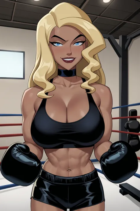 PonyXLV6_Scores BREAK ((parody), perfect anatomy, perfect eyes, cowboy shot) BREAK dinah lance, solo, long hair, blond hair, blue eyes, dark-skinned female, flirting, raised eyebrow, ((looking at viewer)), choker, black boxing shorts,  large breasts, curvy...