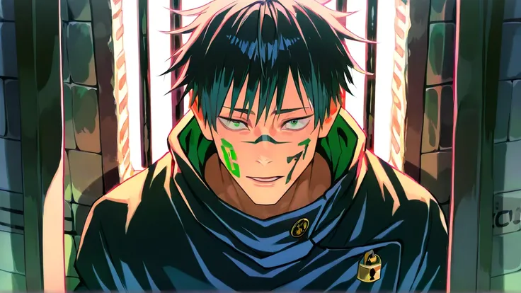 best quality, high resolution, perfect lighting, (high detail), jujutsu kaisen, 1 guy, tall, jujutsu sorcerer, black hair, green iris, green pupil, (lock tattoo on face), calm facial expression, pose, prison, (detailed background)