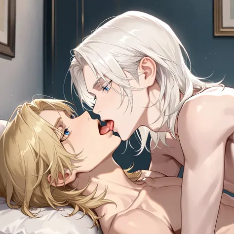 medium hair, open mouth, blue eyes, blonde hair, white hair, parted bangs, upper body, male focus,bishounen,skinny,lips,portrait, lying, multiple boys, indoors, 2boys, tongue out, on back, looking at another, pillow, on bed, yaoi, french kiss,