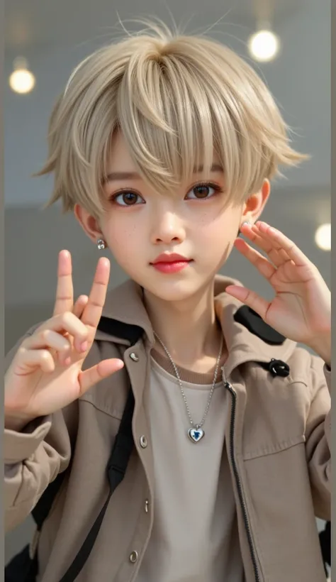 A full-body shot of a chibi K-pop idol with big, sparkling eyes, soft platinum blonde hair styled in a fluffy, layered cut, and fair, flawless skin. The character is wearing a beige jacket with black accents over a white shirt, paired with casual pants and...