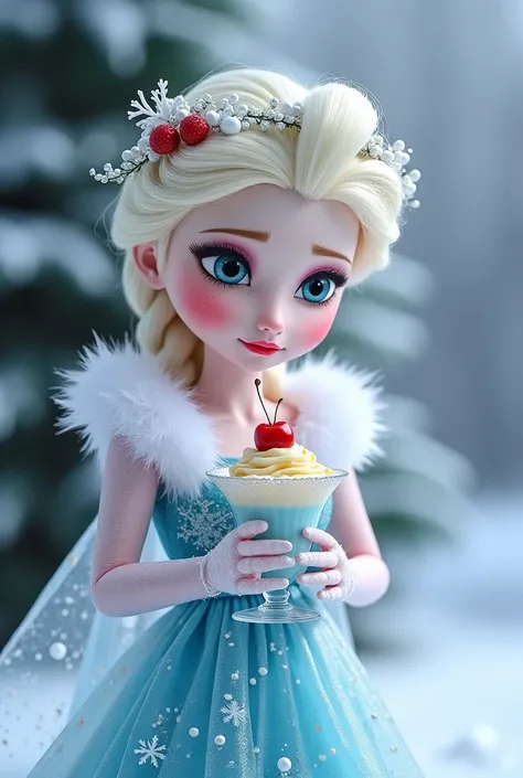 Create realistic  a picture of a young frozen woman with frozen hair and snow pale skin. She wears a frozen glass gown with a white fur trim, and a headpiece adorned with white berries and red strawberries, small pearls and snows.her hand is frozen ice.She...