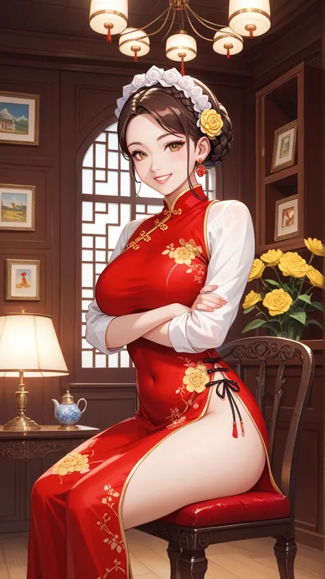 half photo,Chinese-style belly pocket,Elegant Asian woman in traditional attire, looking at viewer ,smile,a red qipao with a pattern of reddish-brown and pale yellow flowers. The dress has a subtle sheen open revealing a white shirt inside. ,adorned with a...