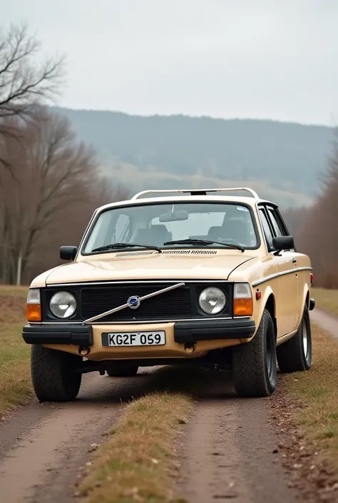 1976 Volvo 144 rally car. Beige in colour. All Chrome trimmings replaced with rubber. It has a front scraper lip suitable for said rallying. It has big wheels with a wide stance poke. This makes it stance like a jeep wrangler - just in proportion. The back...