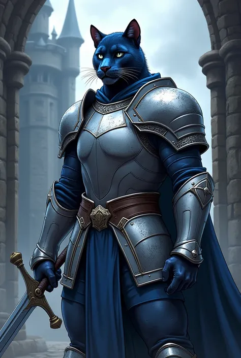  Anime style ,  male furry panther , round ears , dark blue wool ,  silver eyes , dressed in silver knight armor,  holds a sword , gloomy castle background.