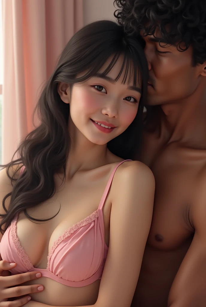 sexy Asian southeast, 19 year old girl, skin white, big breast, flat chest, cute girl,long hair with bangs , pink pastel bra,  , hugging 60 year old black man , his hand on her chest and intimate hugs at her,, she looks at camera happy at home