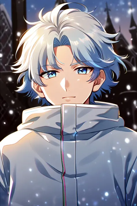 anime boy, handsome face, charming gaze, blue layered shaggy hair, crystal blue eyes, snow suit style, crystal palace background with snow, looking at the viewer,