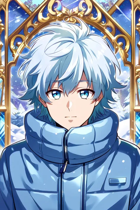 anime boy, handsome face, charming gaze, blue layered shaggy hair, crystal blue eyes, snow suit style, crystal palace background with snow, looking at the viewer,