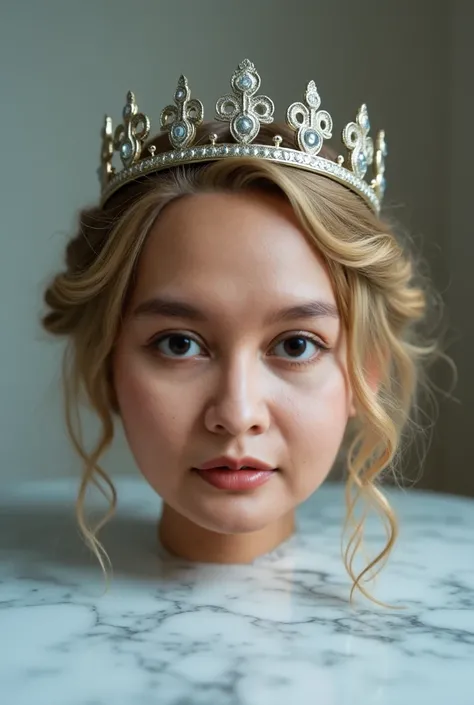 ((disembodied head on a marble table)), detailed skin texture, Une photographie d&#39; female woman with a face, curled blonde hair, blue eyes, crown, ((Lora:pretty makeup, sexy)).