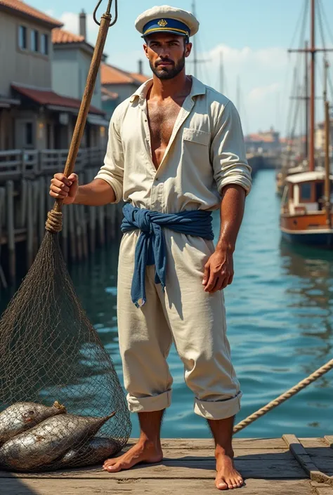 A handsome man in a blue sailor hat and white clothes is barefoot and holding a fishing harpoon with a net of fish beside him in a harbor