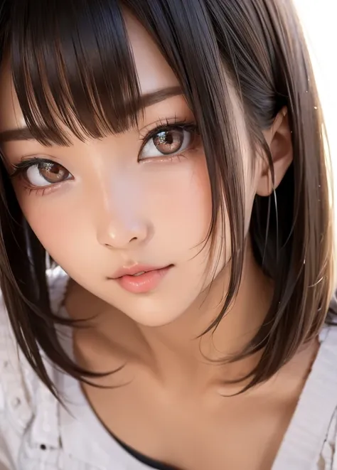  very detailed,  photo-like portrait of a young woman in her 20s 。face:
Inverted triangle outline、Sharp jaw:1.8、 thin eyebrows、知的なface立ち
大きな目と高い鼻
目:
 brown eyes、 hairstyle with delicate highlights and gently shining eyes:
medium length、 bangs cut at an ang...